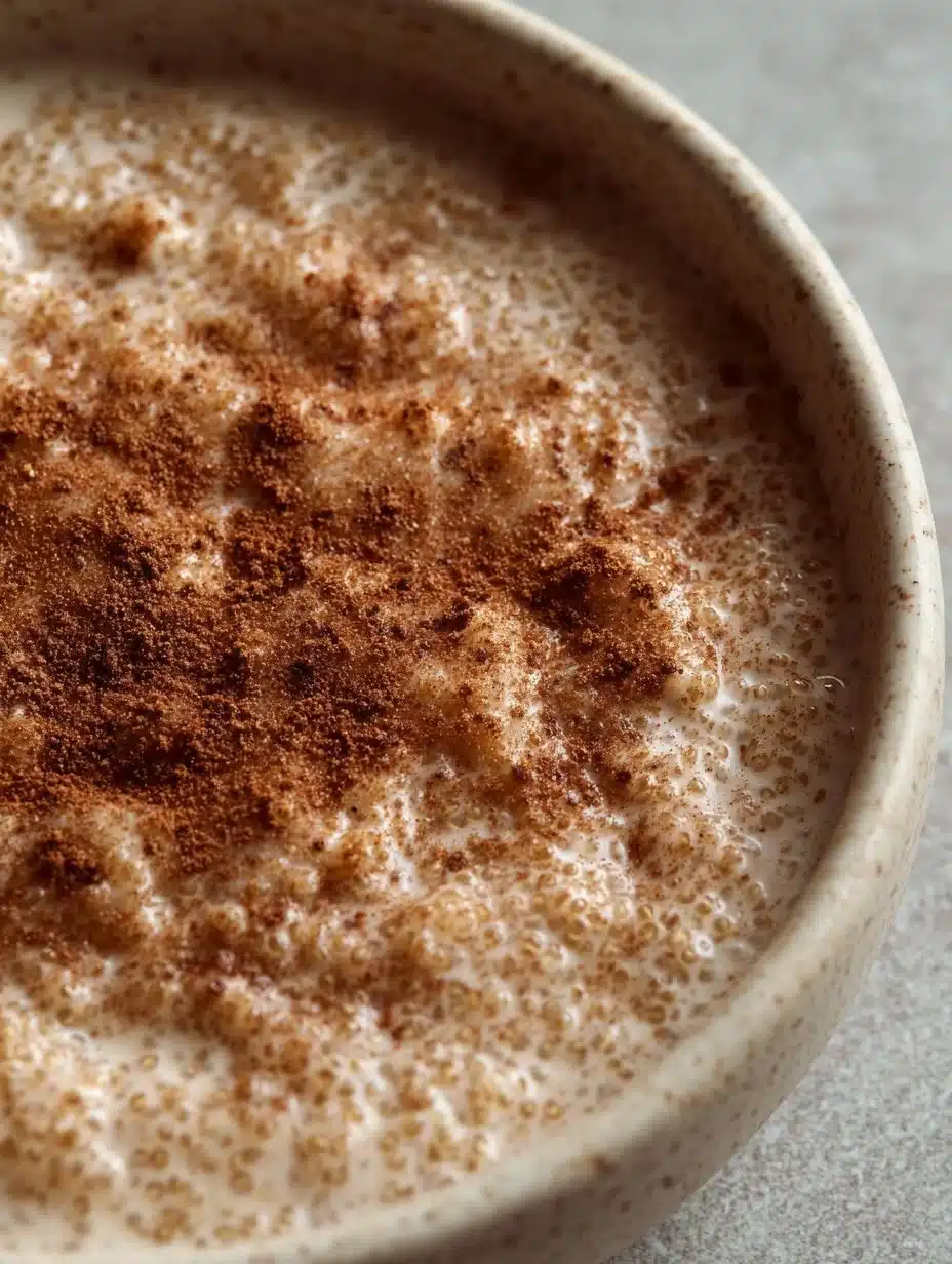 Bowl of creamy quinoa pudding topped with berries and nuts