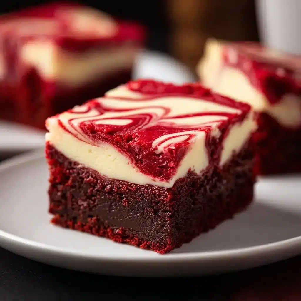 Red velvet cheesecake brownies on a white plate