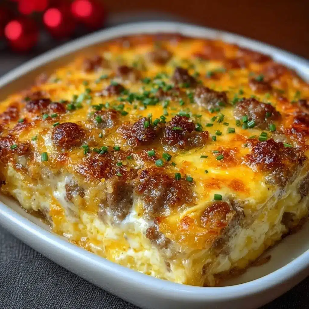 Sausage, Egg, and Cream Cheese Hashbrown Casserole served in a baking dish