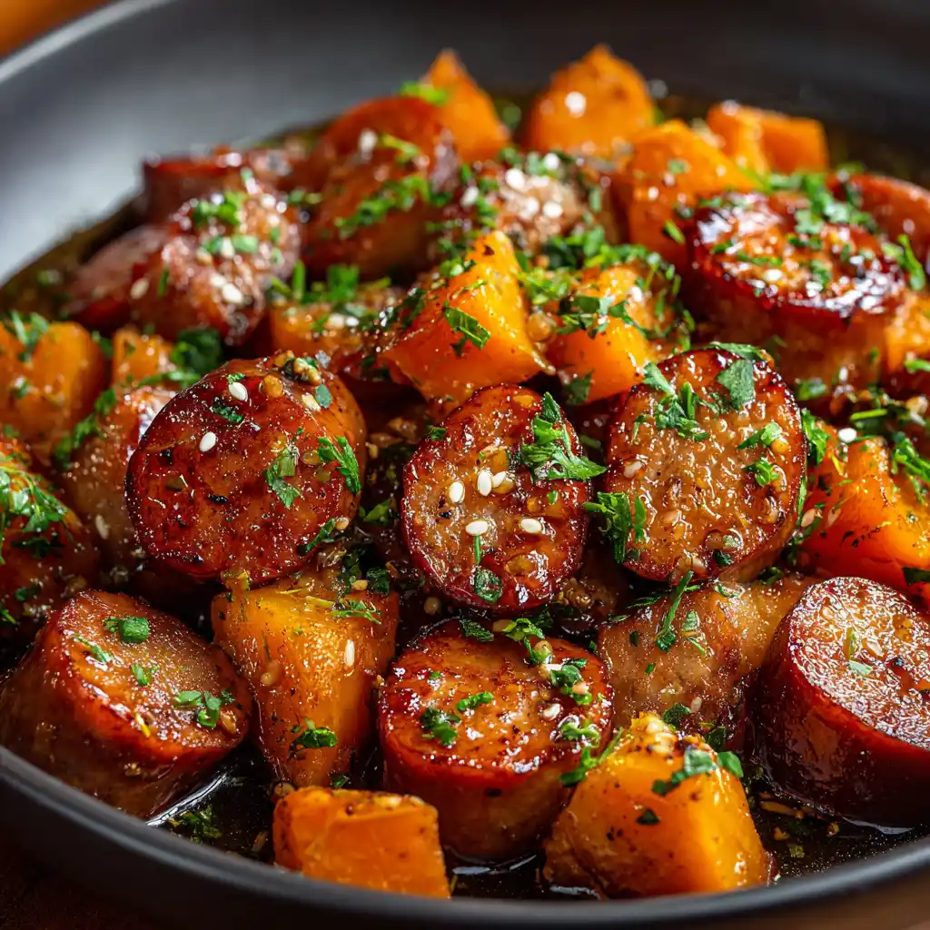 Sausage and sweet potatoes with honey garlic sauce in skillet