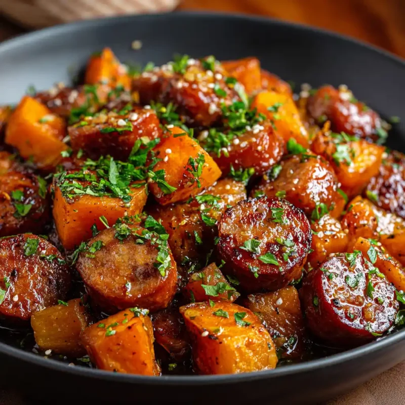Sausage and sweet potatoes with honey garlic sauce in skillet