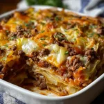 Full savory cabbage beef bake in a white casserole dish