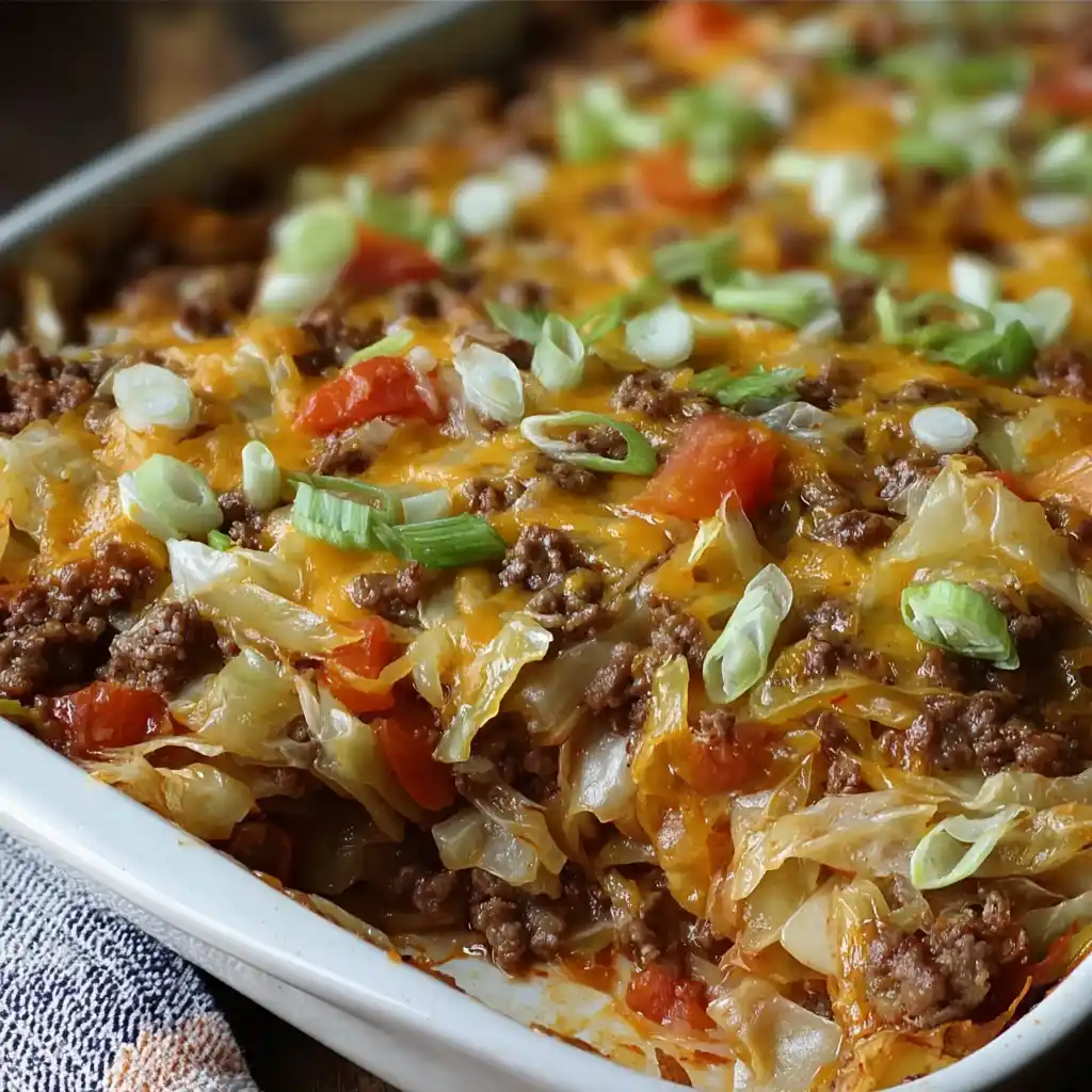 Full savory cabbage beef bake in a white casserole dish
