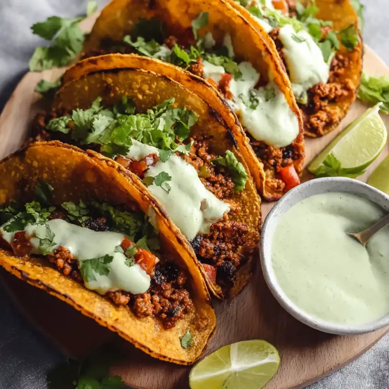 Crispy baked ground turkey tacos with avocado sauce
