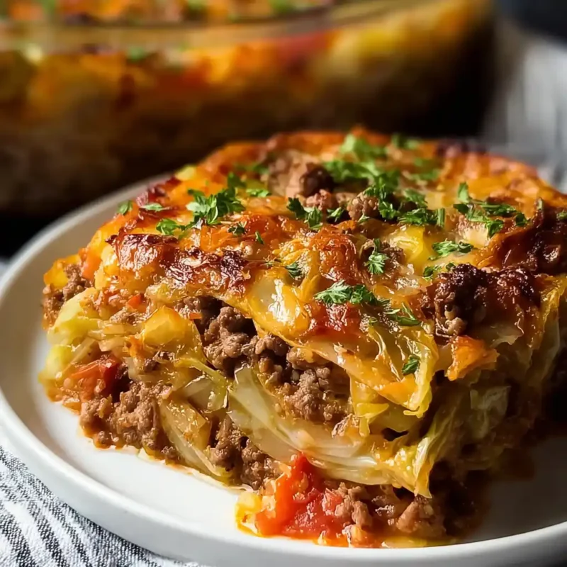 Savory cabbage beef bake served on a white plate