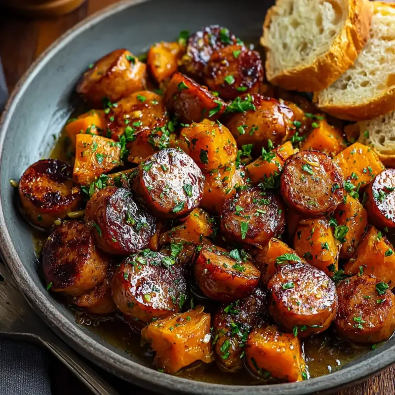 Bowl of sausage and sweet potatoes in honey garlic sauce
