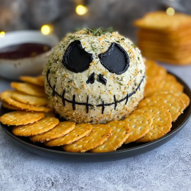 Skellington Cheese Ball Appetizer with olives and crackers