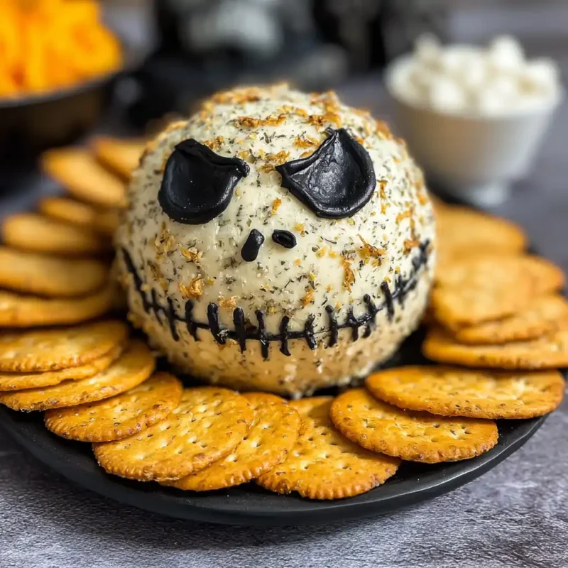 Skellington Cheese Ball Appetizer with olives and crackers
