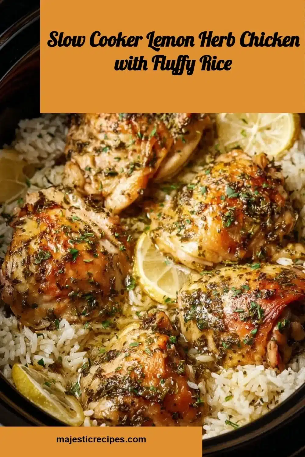 Slow Cooker Lemon Herb Chicken served with fluffy rice in a bowl