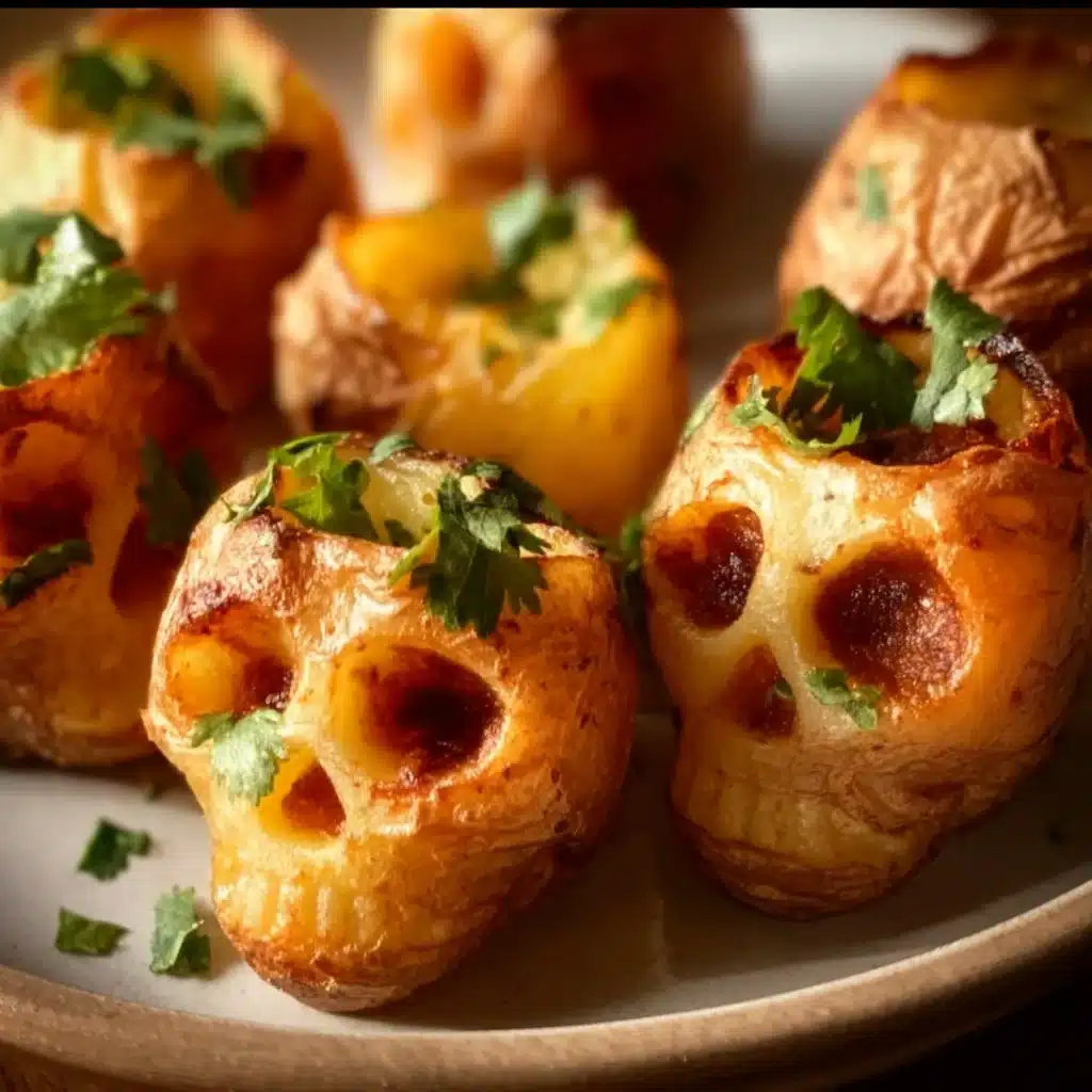 Spooky Halloween Skull Potatoes served on a decorative platter