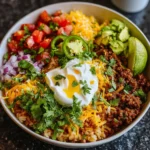 Taco Rice Bowl with toppings and lime wedges