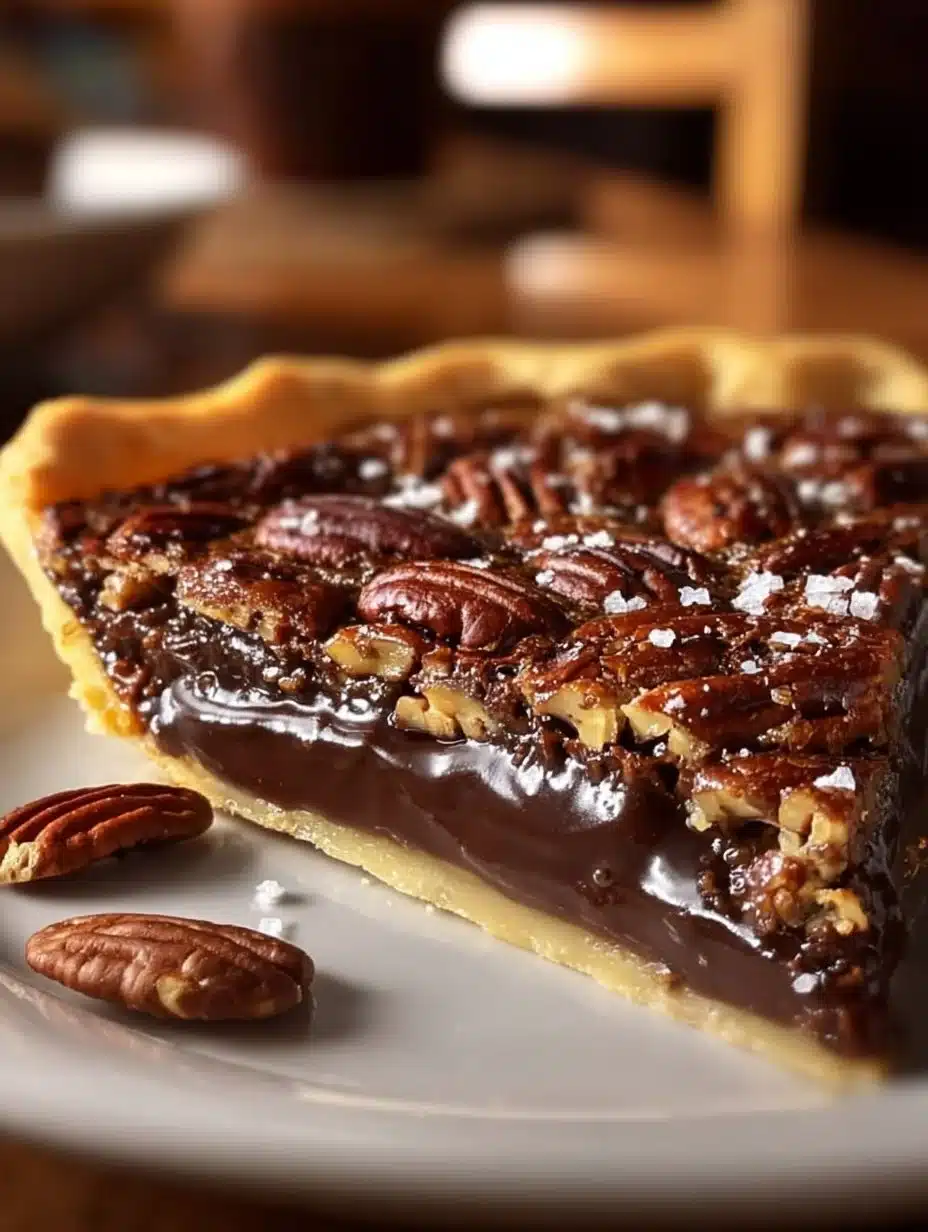 Slice of Texas Chocolate Pecan Pie topped with whipped cream and pecans
