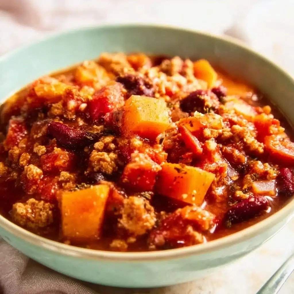 Bowl of turkey apple chili garnished with cilantro and fresh apples