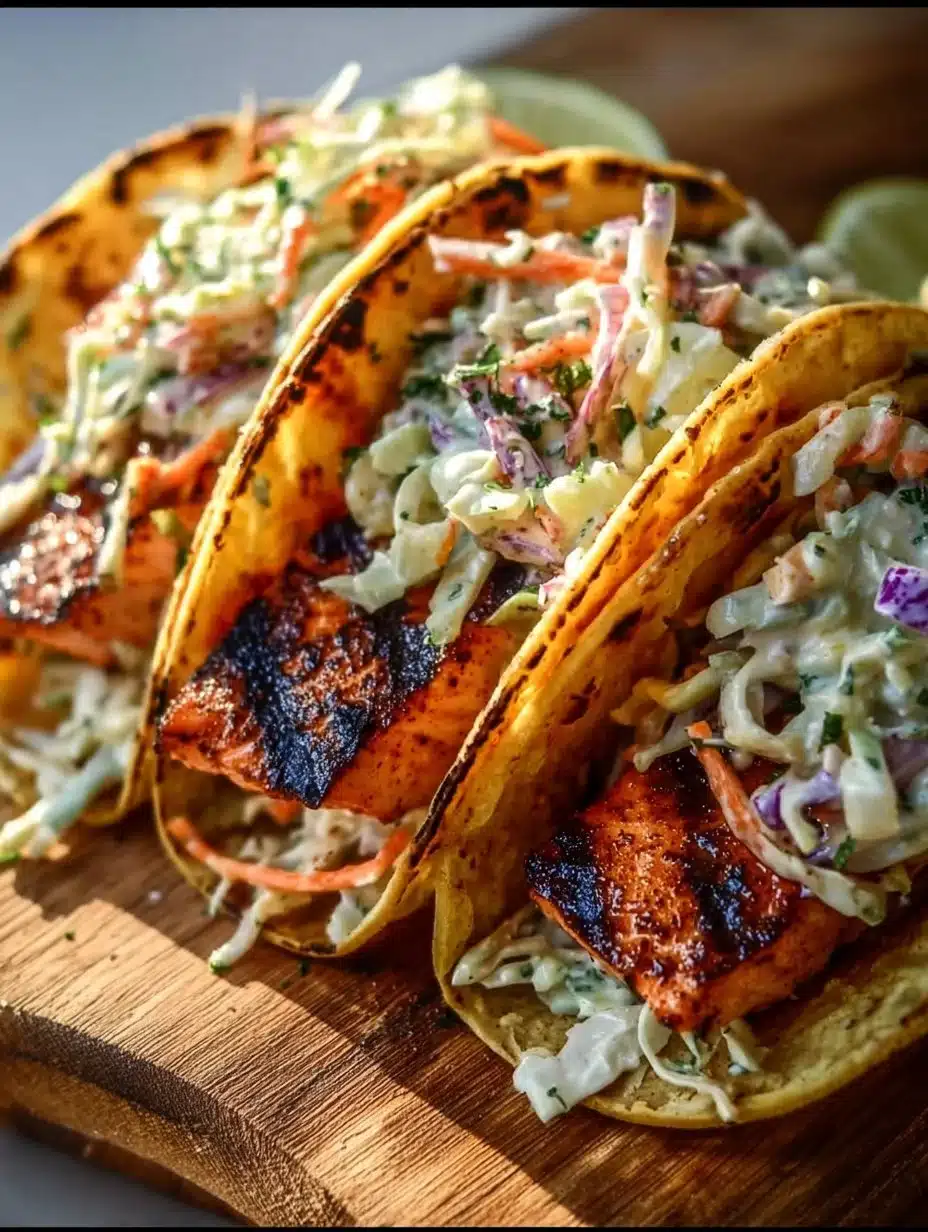 Air fryer salmon tacos with fresh slaw on a plate