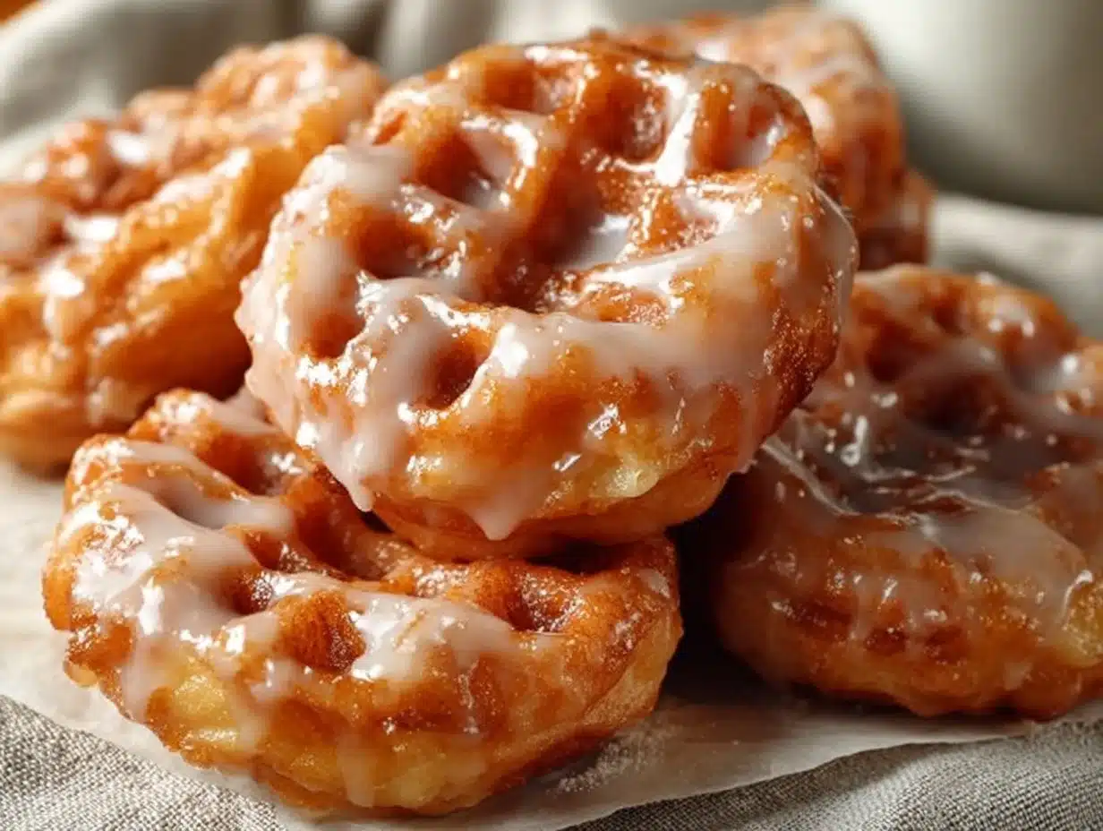 Freshly made apple fritter waffle donuts topped with glaze