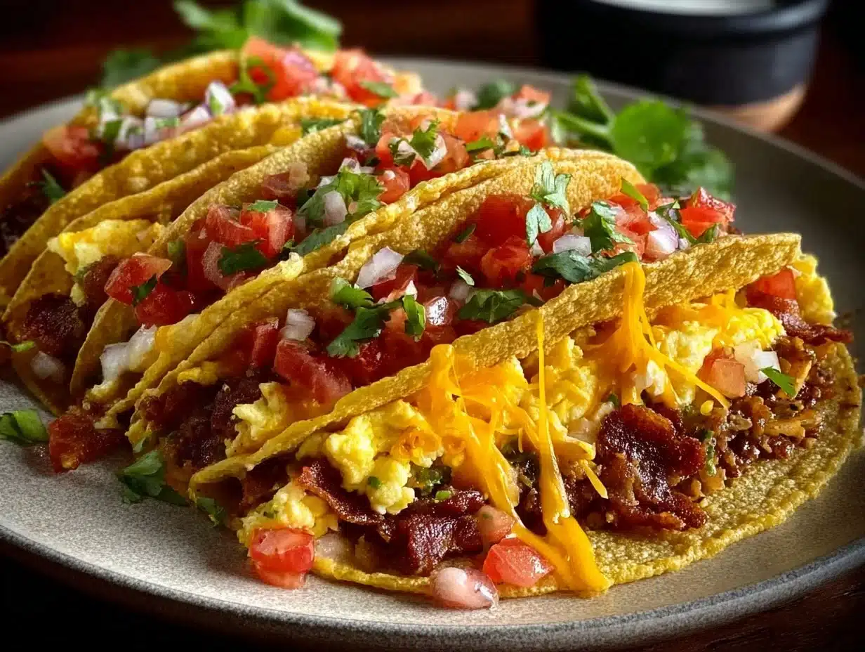 Delicious baked breakfast tacos with eggs and cheese