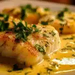Baked cod fillet topped with coconut lemon cream sauce on a plate.