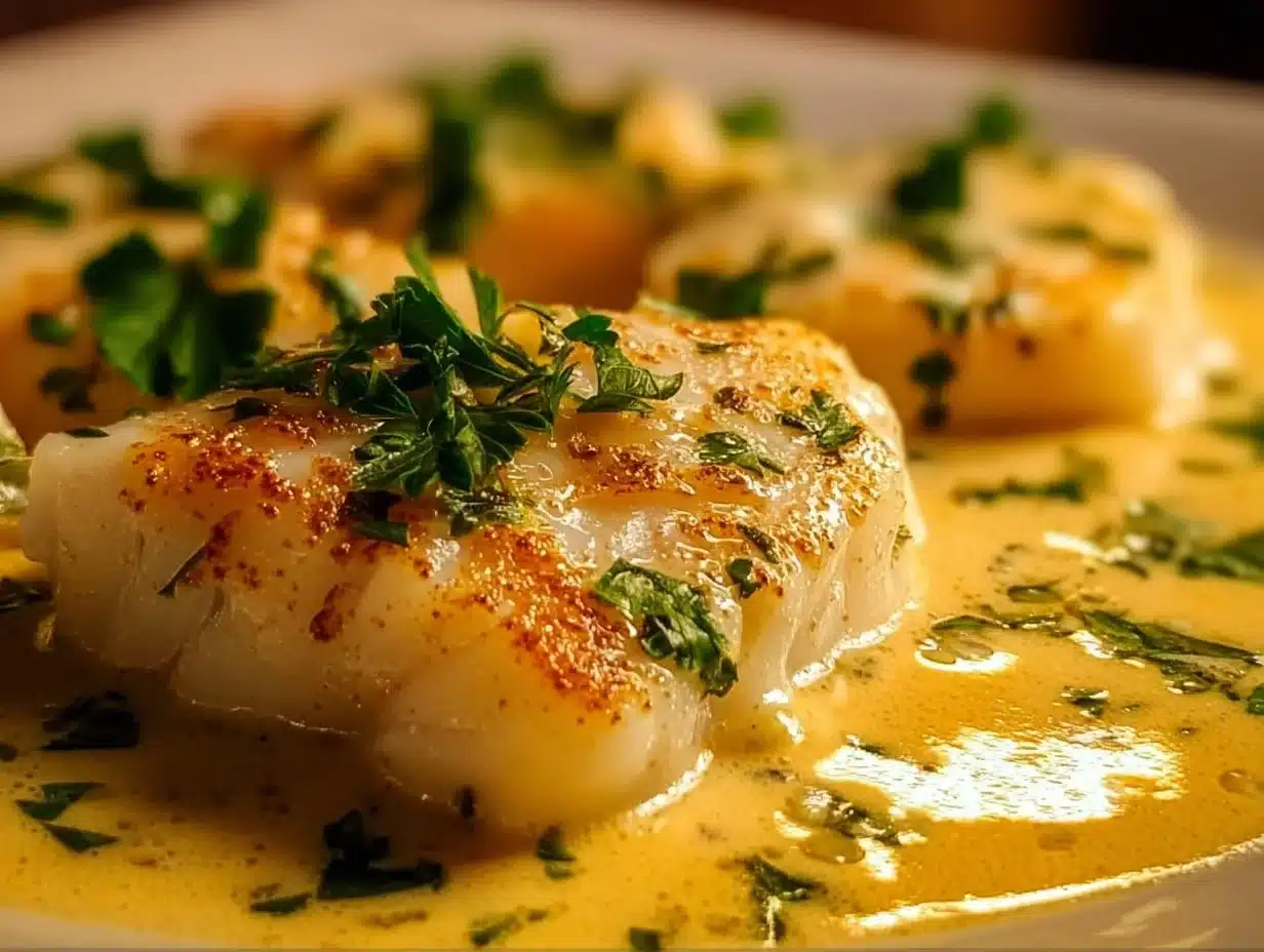 Baked cod fillet topped with coconut lemon cream sauce on a plate.