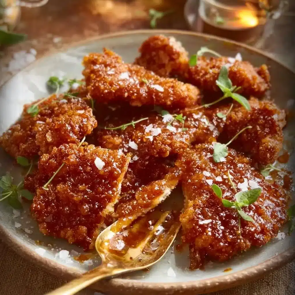 Baked Crunchy Hot Honey Chicken garnished and served on a plate.