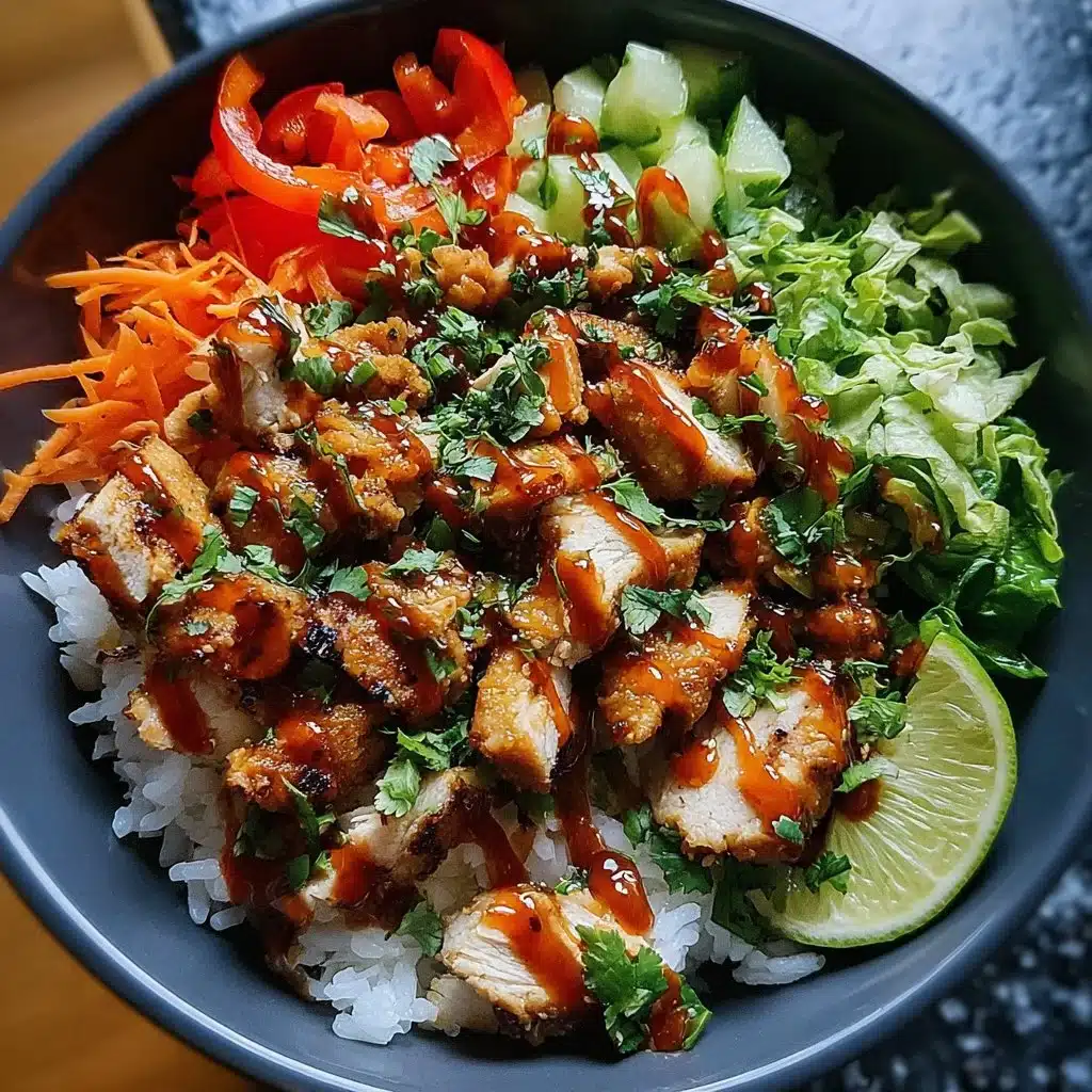 Delicious Bang Bang Chicken Bowl topped with fresh vegetables and sauce.