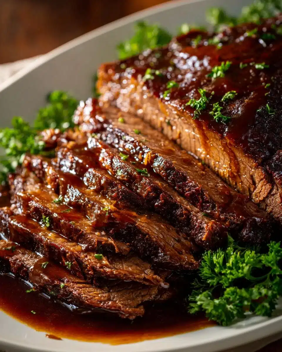 Deliciously cooked beef brisket on a cutting board with seasoning and herbs.