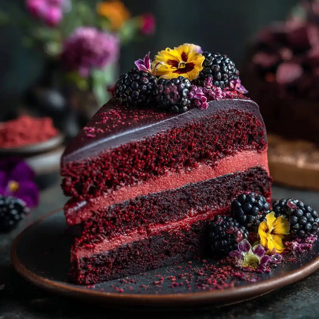 Gothic Blackberry Velvet Cake with rich, dark frosting and fresh blackberries