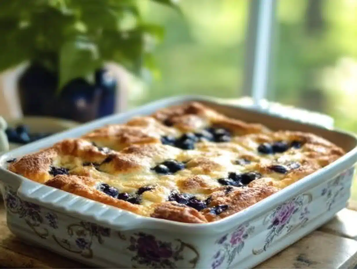 Blueberry Buttermilk Pancake Casserole served in a baking dish with fresh blueberries