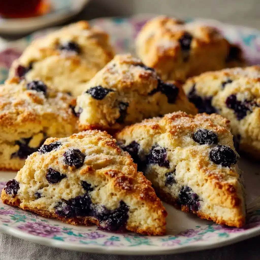 Freshly baked blueberry scones with a golden crust and juicy blueberries