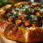 Delicious butternut squash galette with goat cheese and herbs on a rustic table.