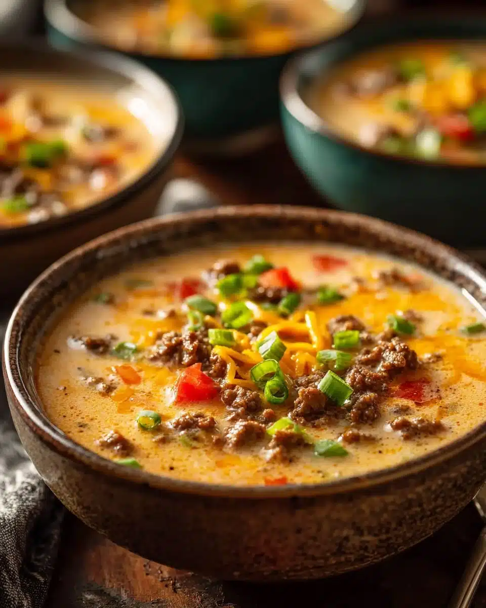 Delicious bowl of homemade cheeseburger soup topped with cheese and herbs