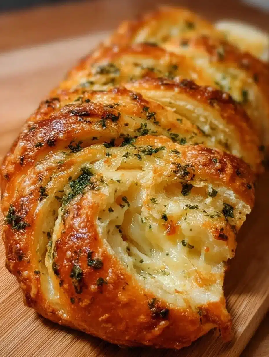 Delicious cheesy garlic swirled bread, golden brown with melted cheese on top.