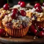 Delicious cherry cobbler muffins with fresh cherries and a golden crust