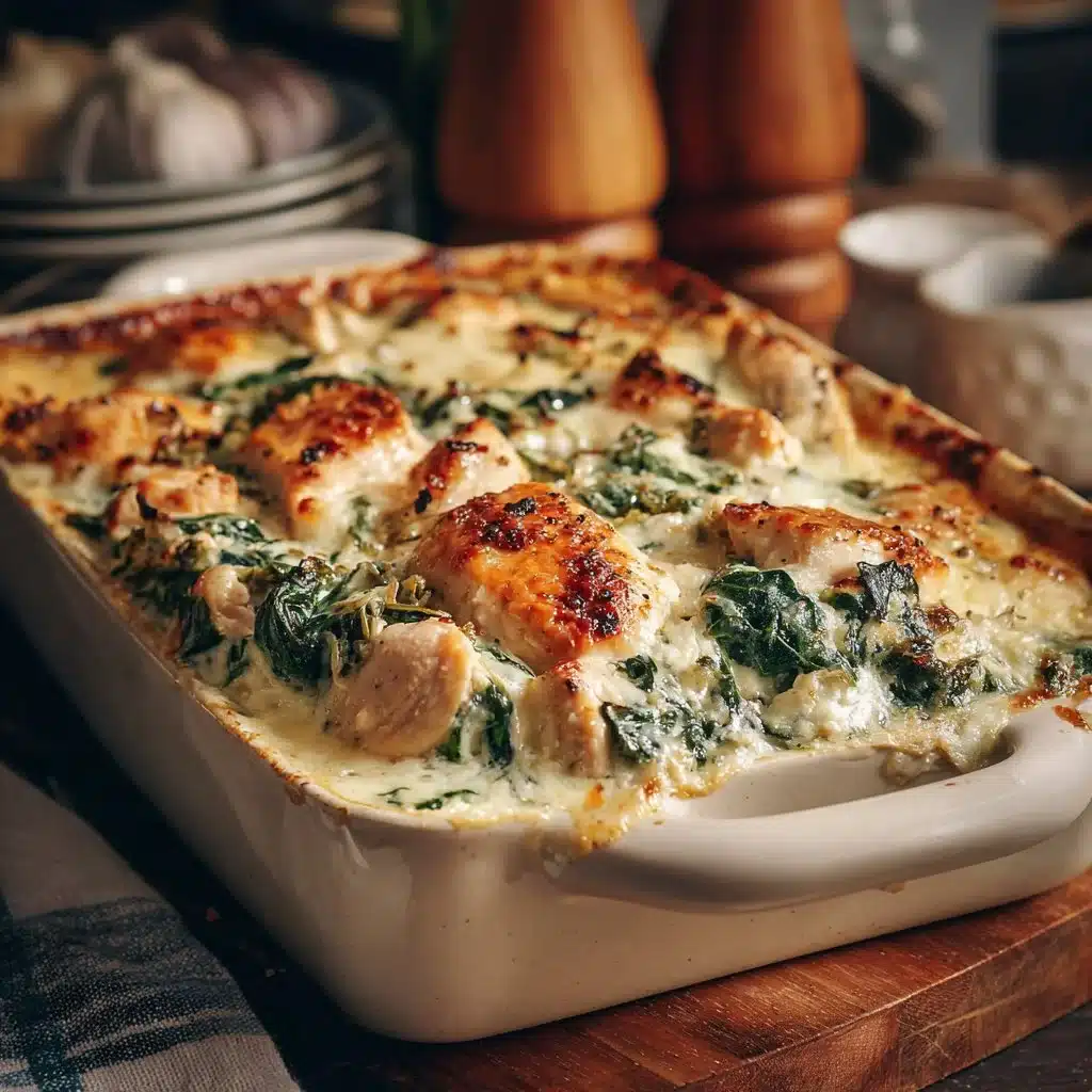 A hearty Chicken and Spinach Casserole ready to be served.