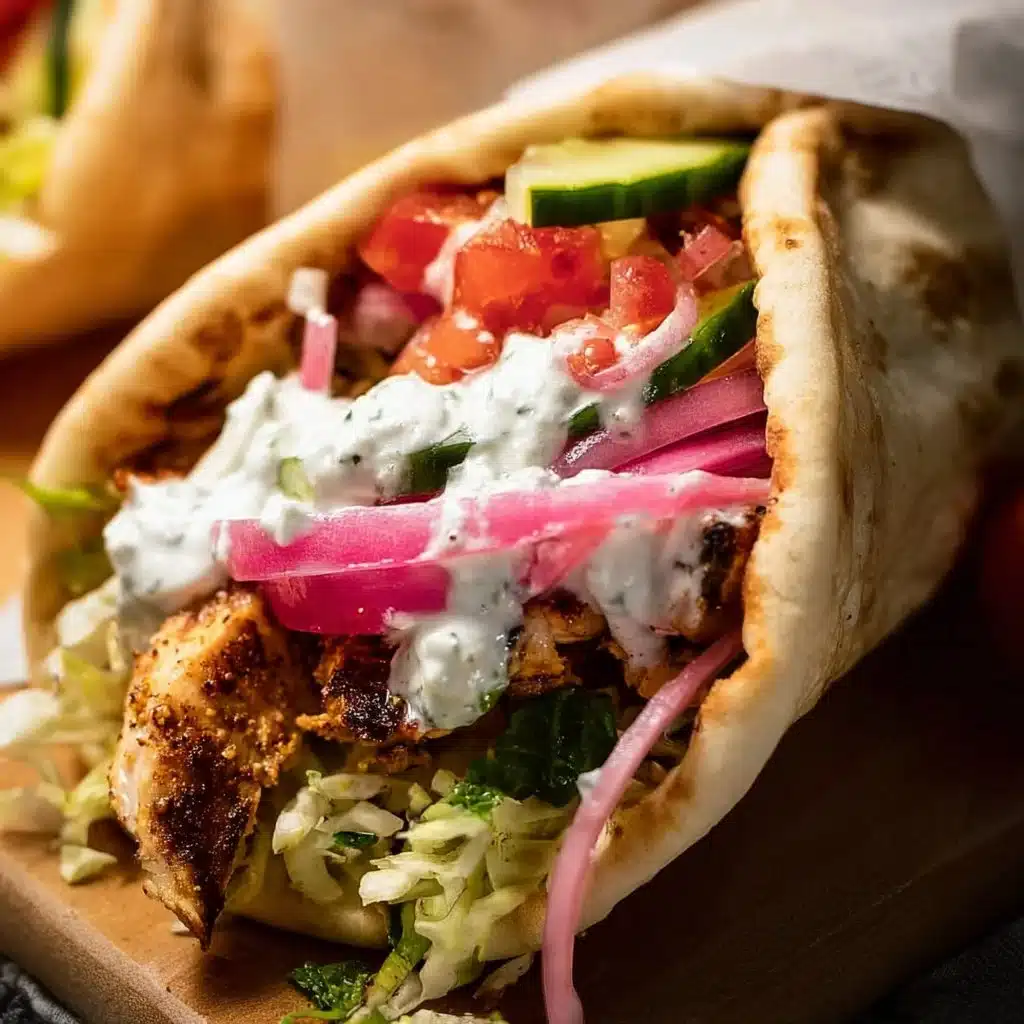 Delicious chicken gyros served with creamy tzatziki sauce on a platter.