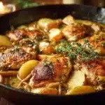 Plate of Chicken Normandy with apple and cream sauce