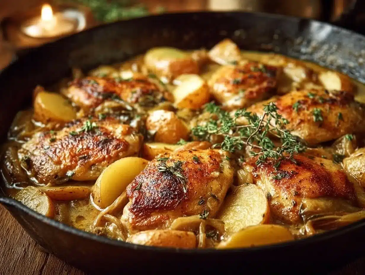 Plate of Chicken Normandy with apple and cream sauce