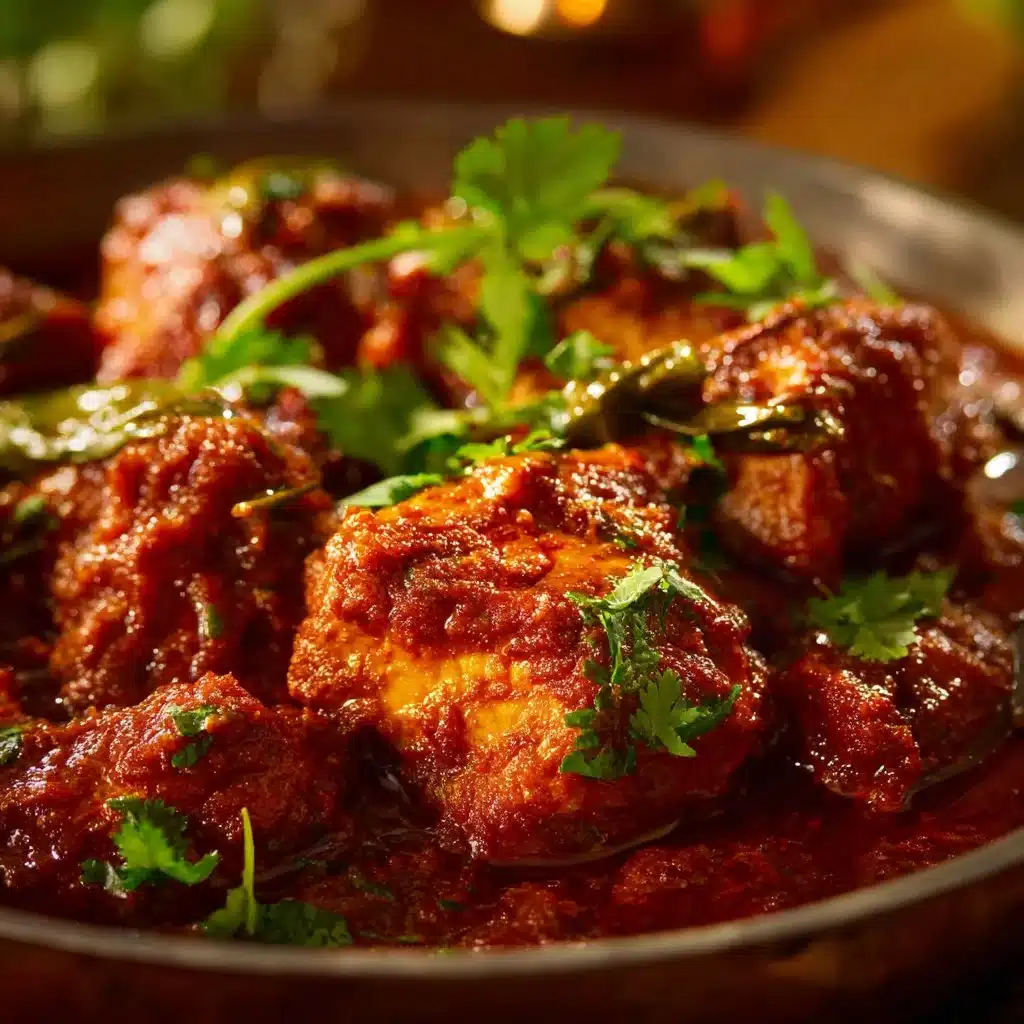 Delicious Chicken Rogan Josh curry served with rice and herbs.