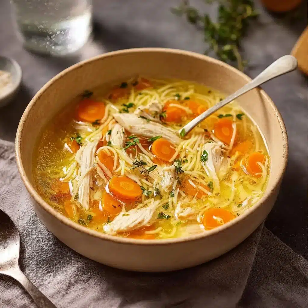 Delicious Chicken Soup with Vermicelli in a bowl, garnished with herbs