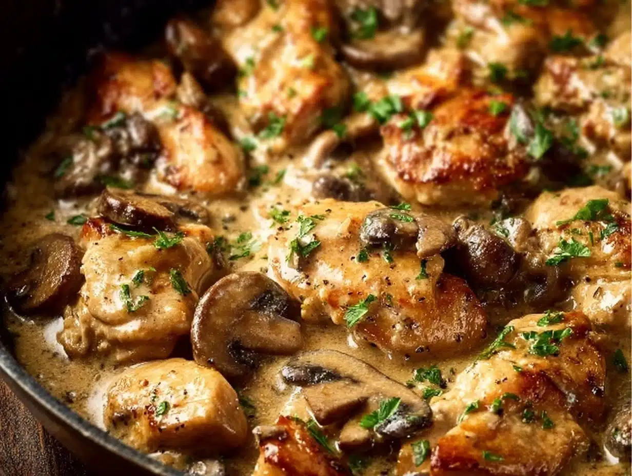 Creamy Chicken Stroganoff served over egg noodles with herbs and spices