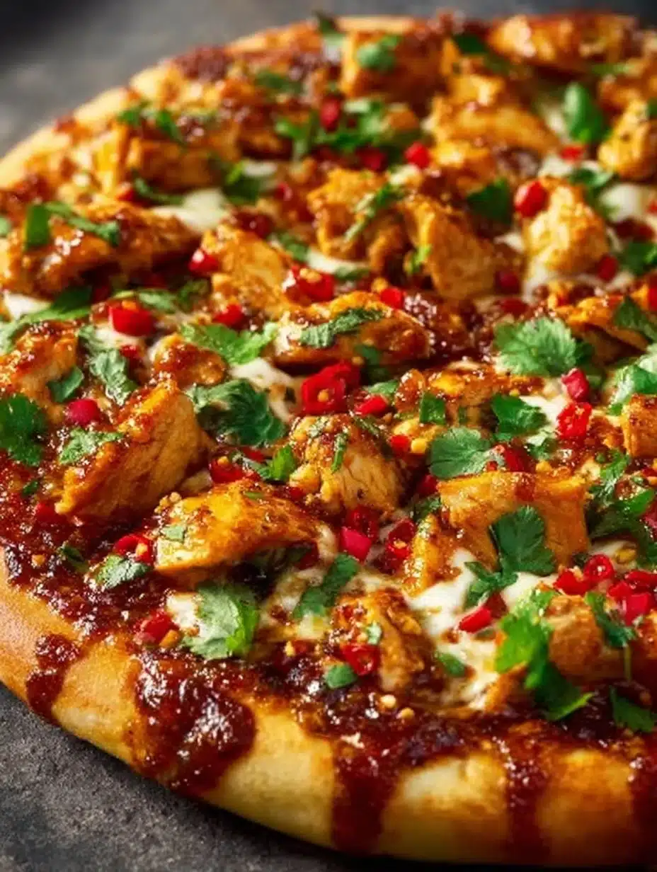 Chili Garlic Chicken Pizza topped with spicy chicken and fresh ingredients