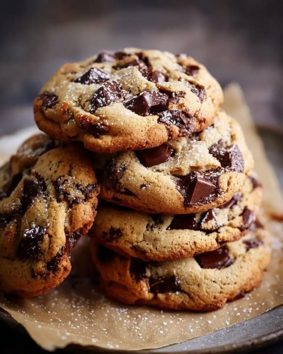 Freshly baked chocolate chip cookies with melty chocolate chips and a golden crust.