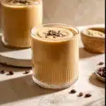Delicious coffee protein smoothie in a glass with coffee beans and a protein scoop