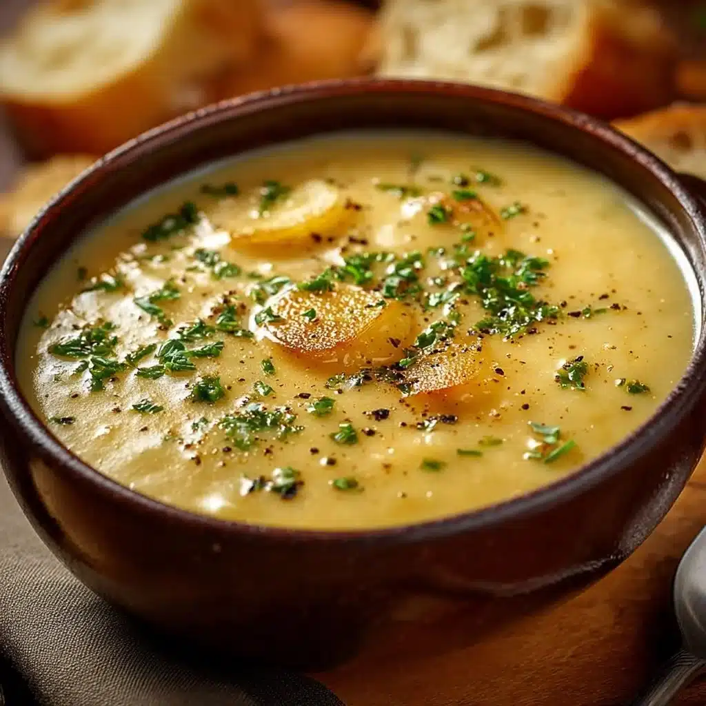 Bowl of Country French Garlic Soup garnished with herbs and croutons