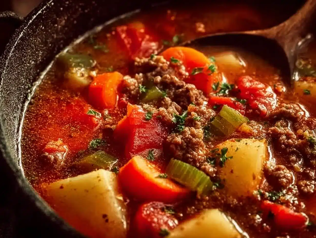Bowl of delicious Cowboy Soup filled with vegetables and meat