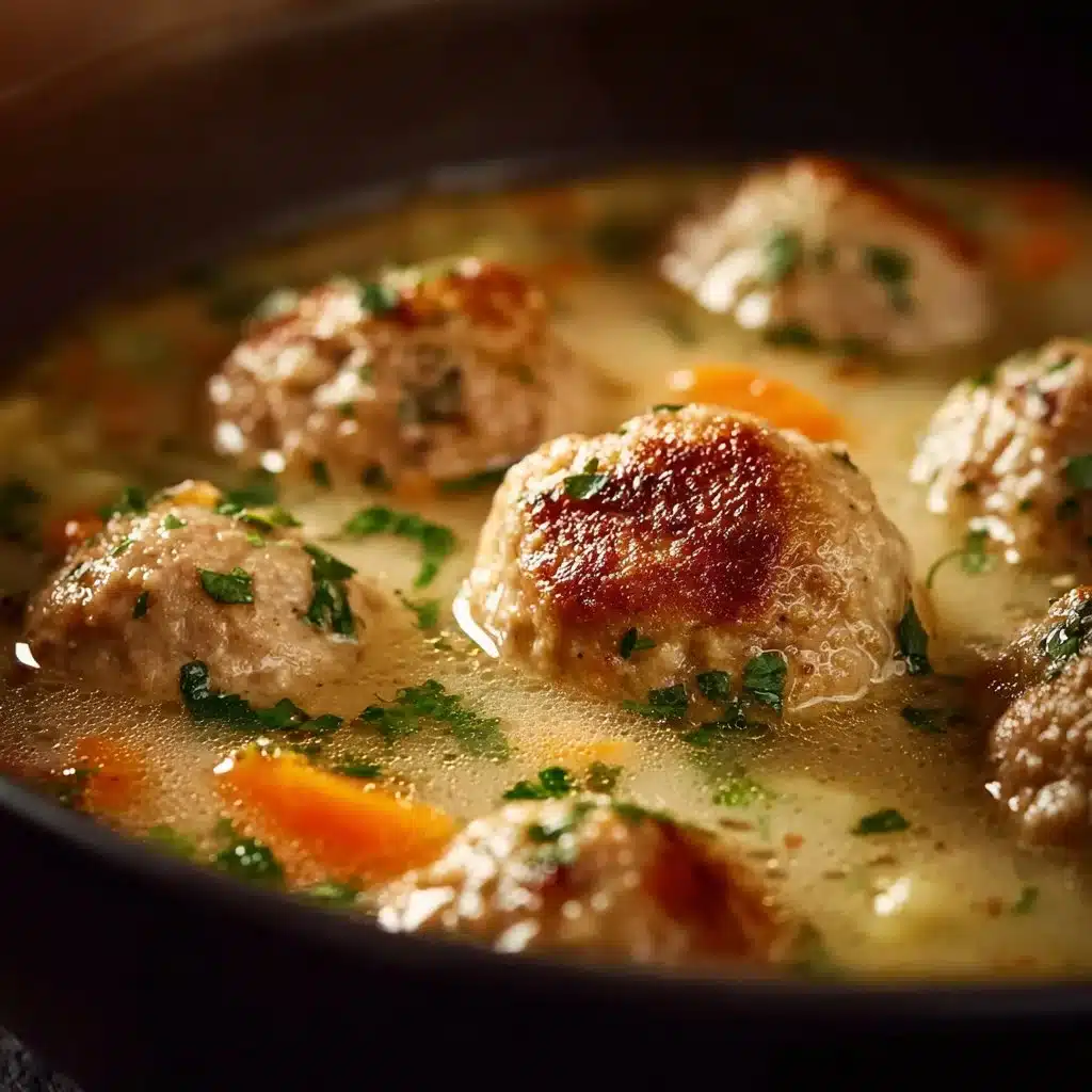 Bowl of cozy Swedish meatball soup with fresh herbs and vegetables