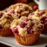 Freshly baked Cranberry Coffee Cake Muffins with cranberries on a cooling rack