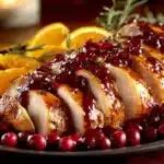 Cranberry orange glazed turkey breast on a festive table