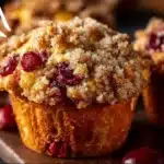 Freshly baked Cranberry Orange Muffins on a wooden serving platter.