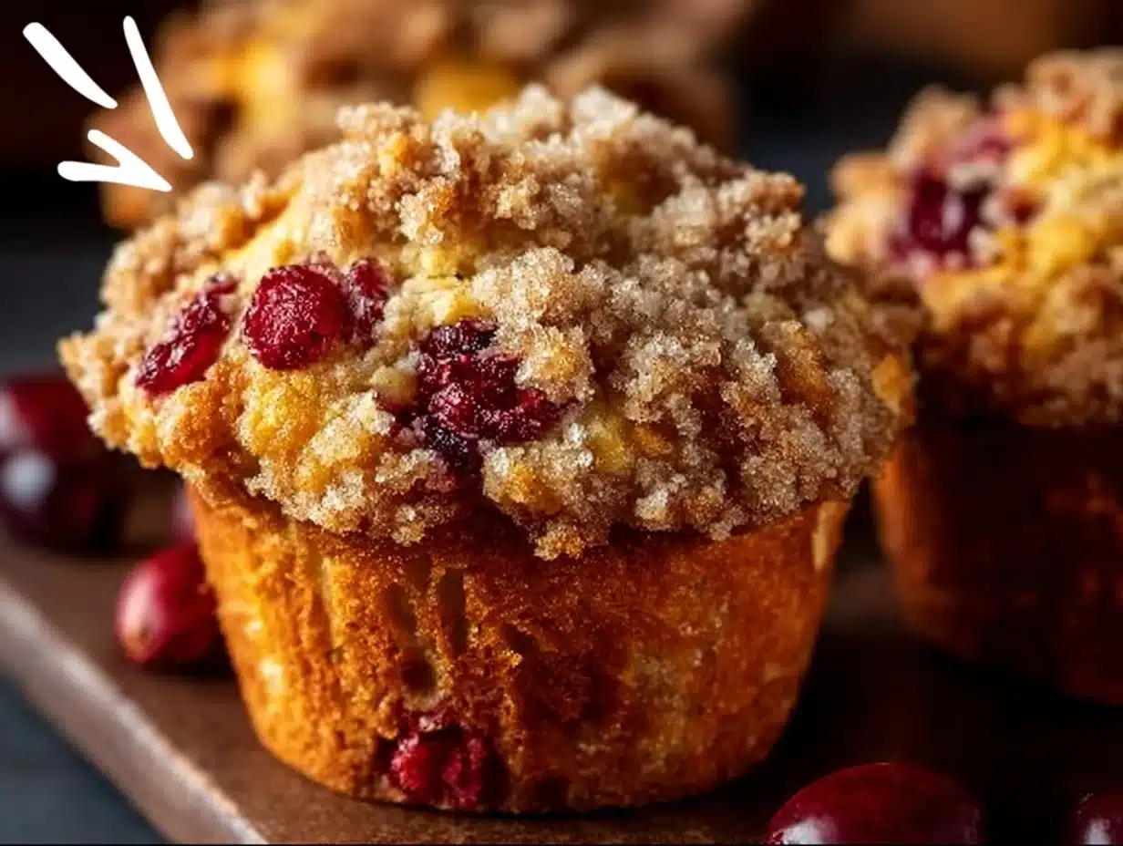 Freshly baked Cranberry Orange Muffins on a wooden serving platter.