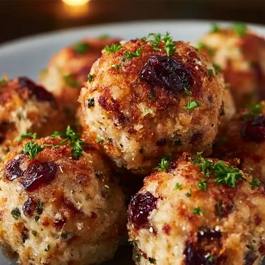 Cranberry Turkey Stuffing Balls ready for serving on a festive plate.
